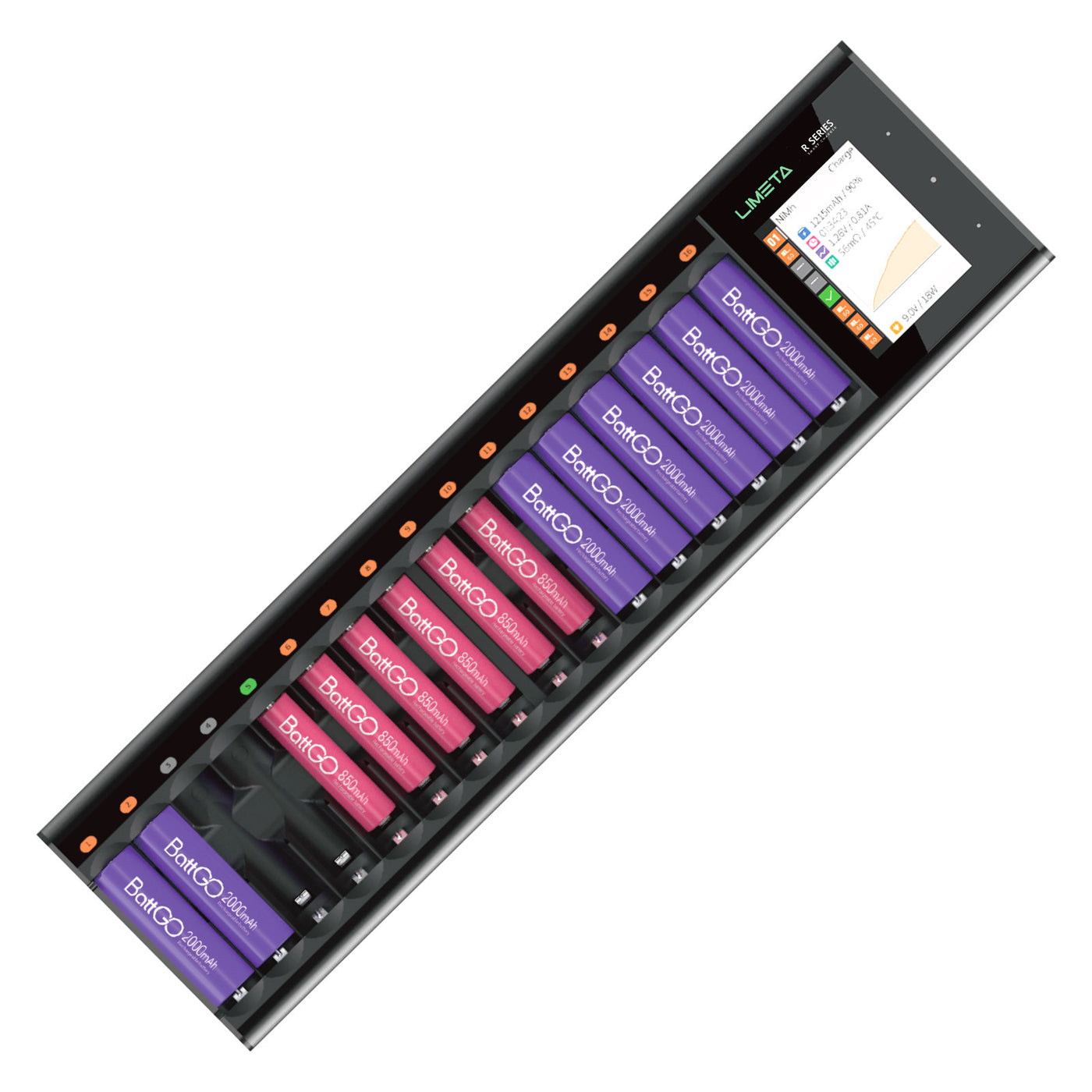 LIMETA AA AAA Battery Charger 16 Slots,Universal Fast Battery Charger with Discharge& LCD Display for AA AAA Li-lon, LiHv, NiMH, NiCd, HiFe, NiZn Rechargeable Batteries