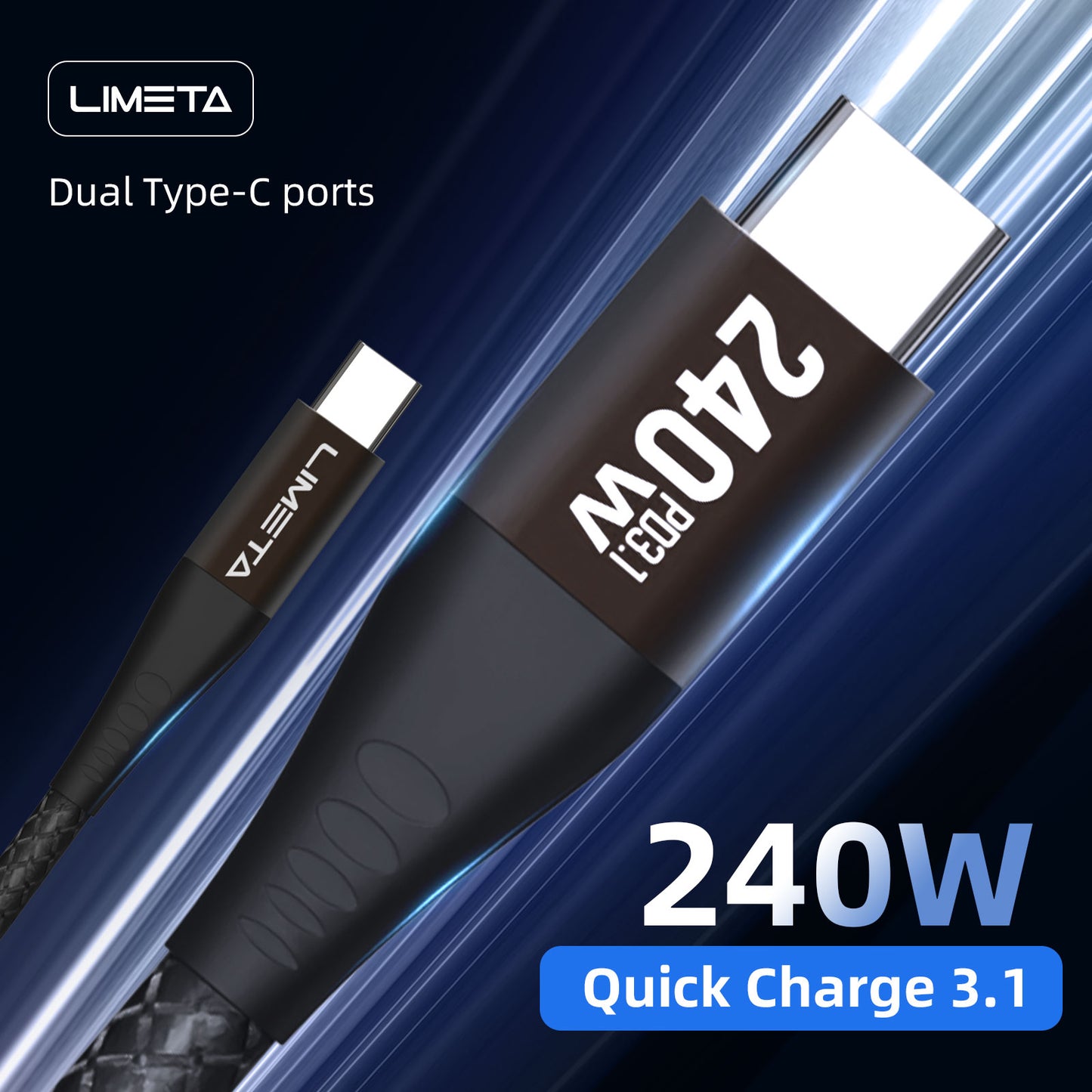 LIMETA 240W USB C to C Cable - Fast Charging & Data Transfer for MacBook, iPad Pro, Galaxy S21, Pixel, Nintendo Switch - Nylon Braided - PD 3.1 & Type C Compatible - (3.9ft/6.6ft)