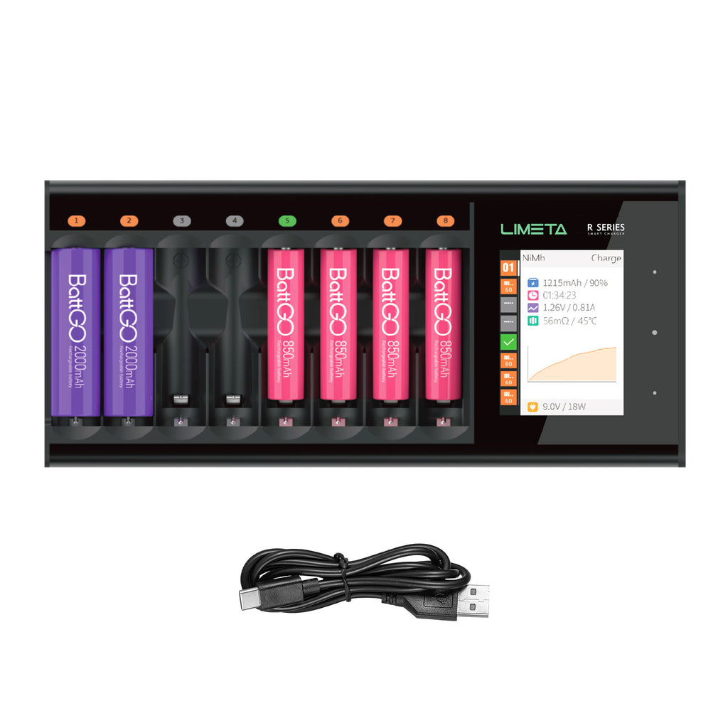 LIMETA AA AAA Universal Battery Charger 8-Slot,Speedy Smart Fast Charging  Function with LCD Display,Type-C QC3.0 Output,Rechargeable Battery Charger  