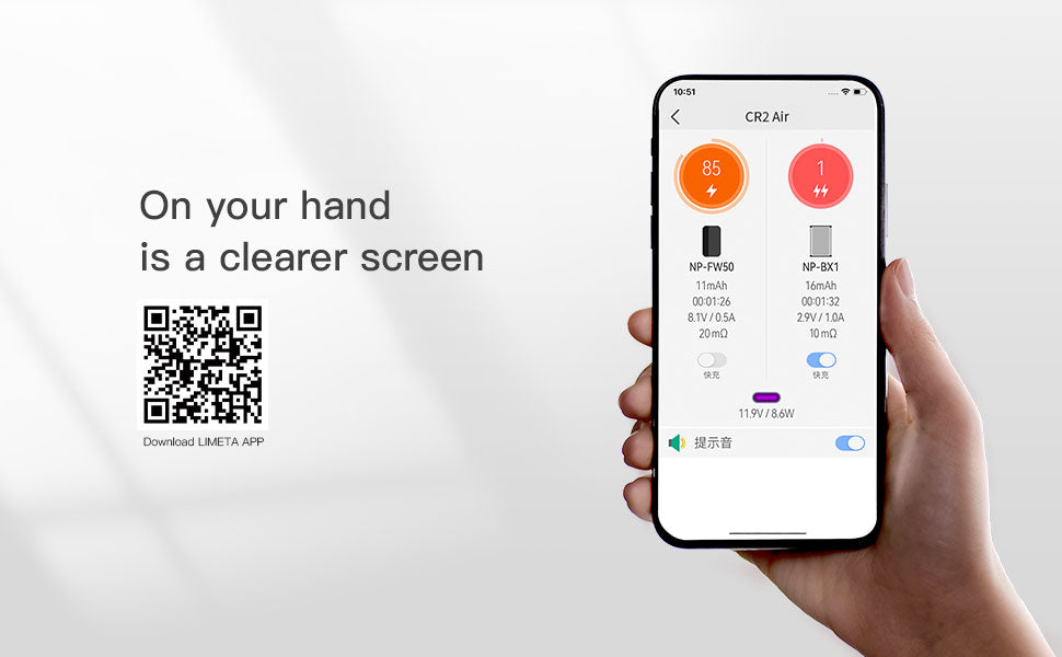 LIMETA CR2 Air Dual Channel Camera Battery Charger Set with APP - NP-FZ100, NP-FW50, NP-BX1 - Type-C Input - Compatible with Sony A9, A7III, A7RIII, Cyber-Shot DSC-RX100 Series, HDR-CX405
