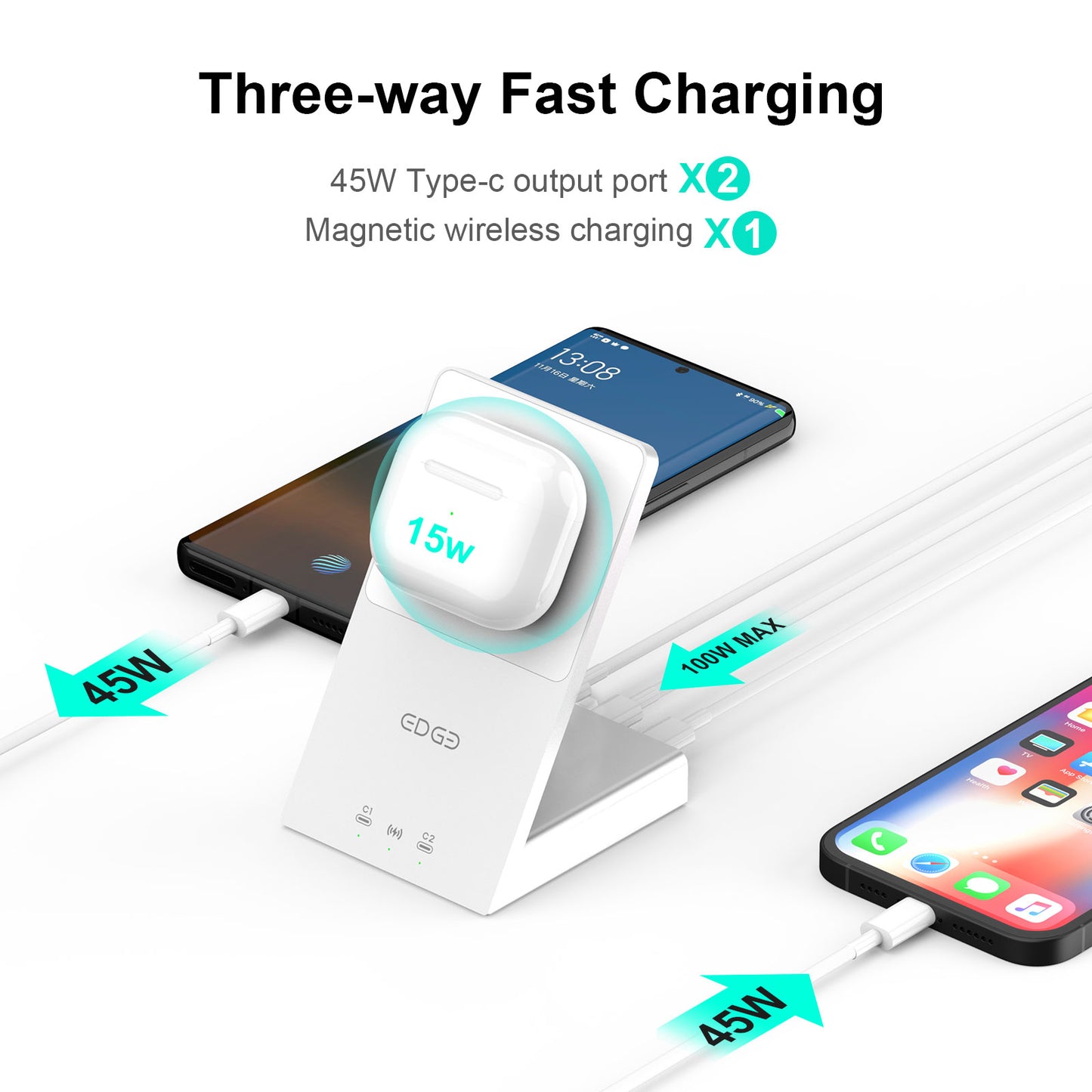 LIMETA MD100: 3-in-1 Wireless Charger for MagSafe Charger Stand - 45W USB C Charger - Compatible with iPhone 14/13/12/Pro/Max/plus AirPods and Galaxy Samsung