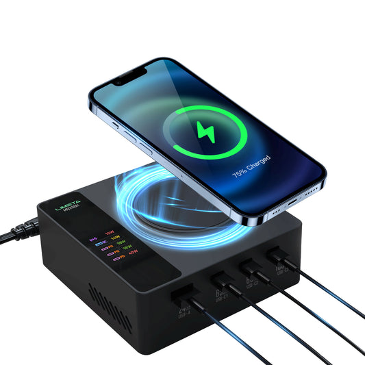 LIMETA MD 200H Wireless Charger - 5 in 1 Wireless Charging Station - Fast Wireless Charger Stand for iPhone and AirPods - Compatible with MacBook Pro/Air, iPad, iPhone, Galaxy, Pixel - LCD Display