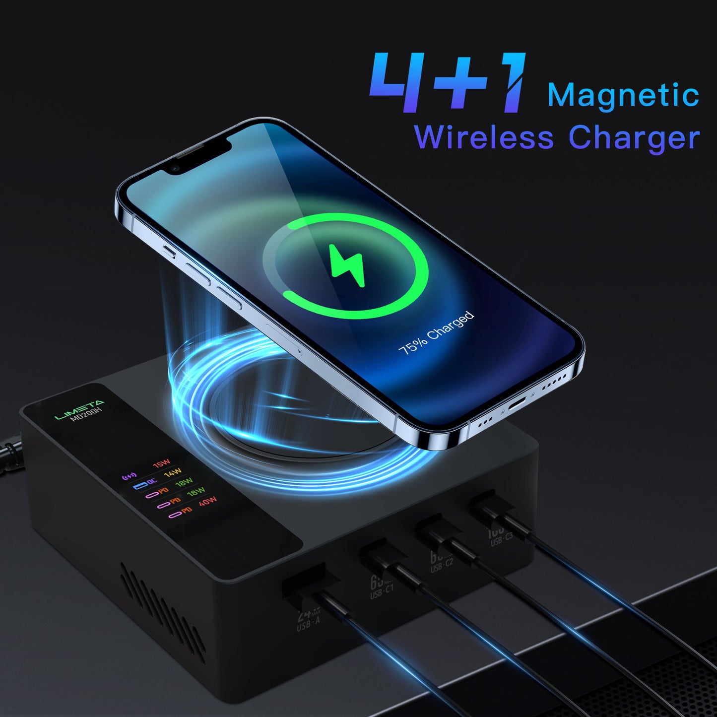 LIMETA MD 200H Wireless Charger - 5 in 1 Wireless Charging Station - Fast Wireless Charger Stand for iPhone and AirPods - Compatible with MacBook Pro/Air, iPad, iPhone, Galaxy, Pixel - LCD Display