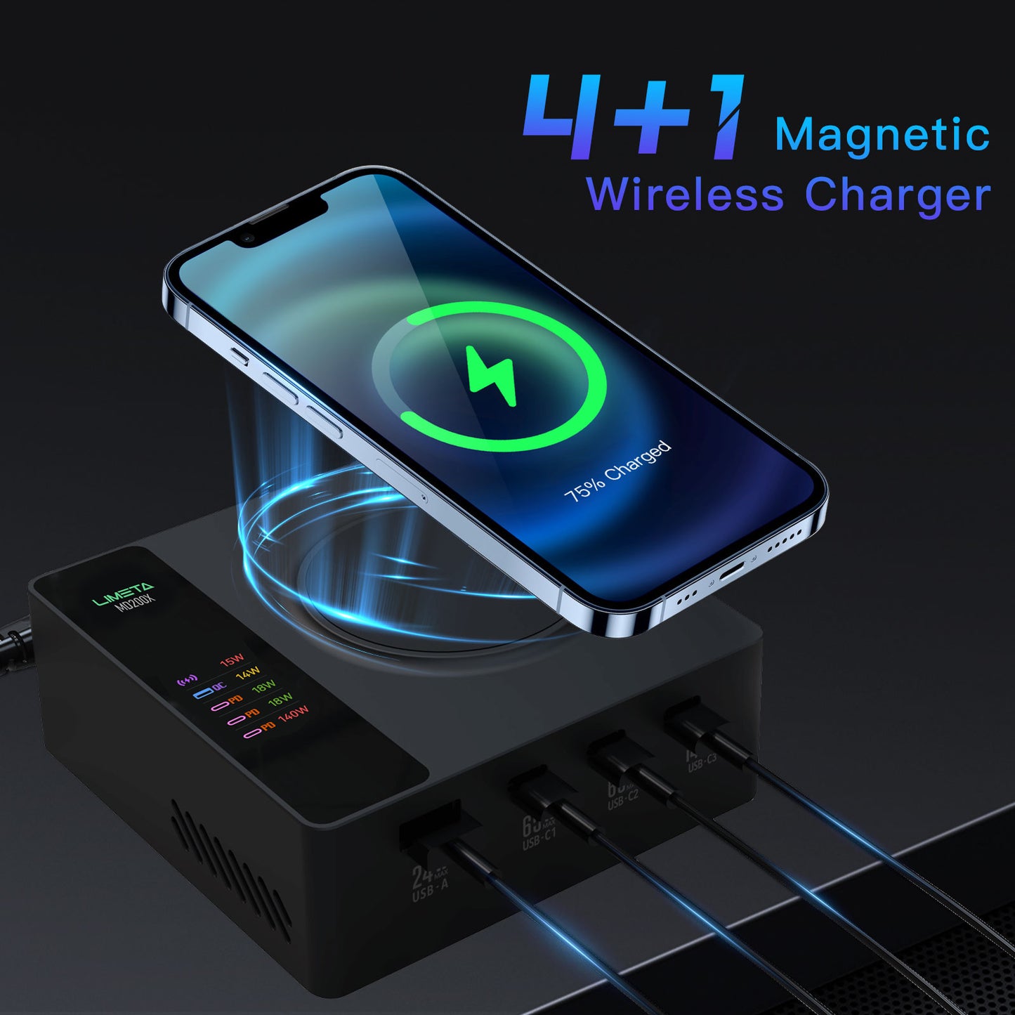 LIMETA MD 200X Wireless Charger - 5 in 1 Wireless Charging Station - Fast Wireless Charger Stand for iPhone and AirPods - Compatible with MacBook Pro/Air, iPad, iPhone, Galaxy, Pixel - LCD Display