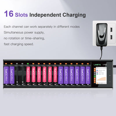 LIMETA AA AAA Battery Charger 16 Slots,Universal Fast Battery Charger with Discharge& LCD Display for AA AAA Li-lon, LiHv, NiMH, NiCd, HiFe, NiZn Rechargeable Batteries