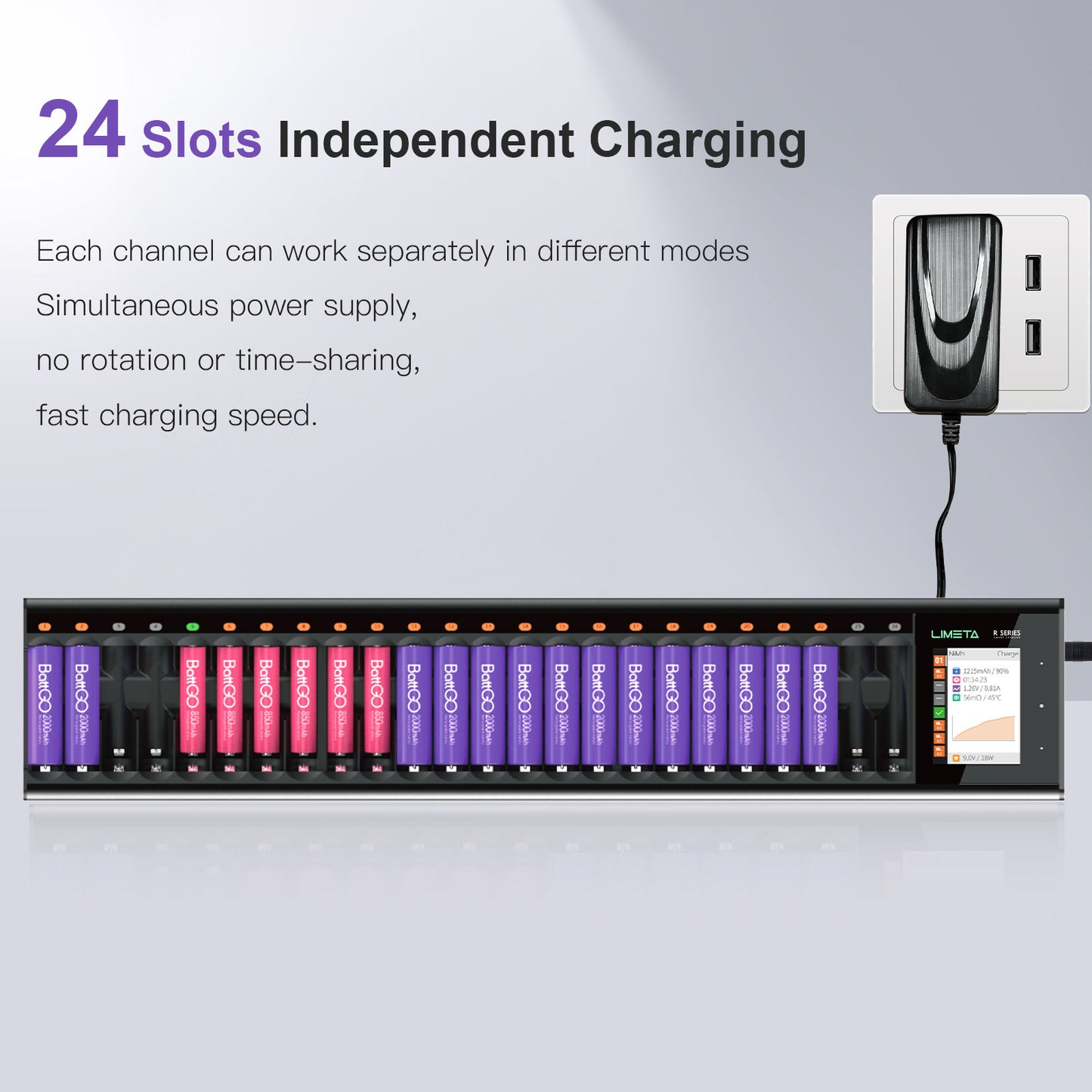 LIMETA AA AAA Smart Battery Charger 24 Slots,Universal Fast Battery Charger with Discharge& LCD Display for AA AAA Li-lon, LiHv, NiMH, NiCd, HiFe, NiZn Rechargeable Batteries