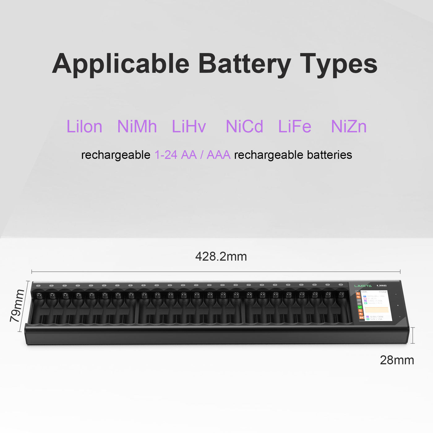 LIMETA AA AAA Smart Battery Charger 24 Slots,Universal Fast Battery Charger with Discharge& LCD Display for AA AAA Li-lon, LiHv, NiMH, NiCd, HiFe, NiZn Rechargeable Batteries