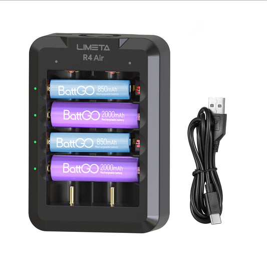 LIMETA R4 AIR Universal Smart Battery Charger - USB Type-C QC3.0 Output - Fast Charging for AA AAA Li-ion 18650 Rechargeable Batteries - APP Connectivity - Fire Prevention Material