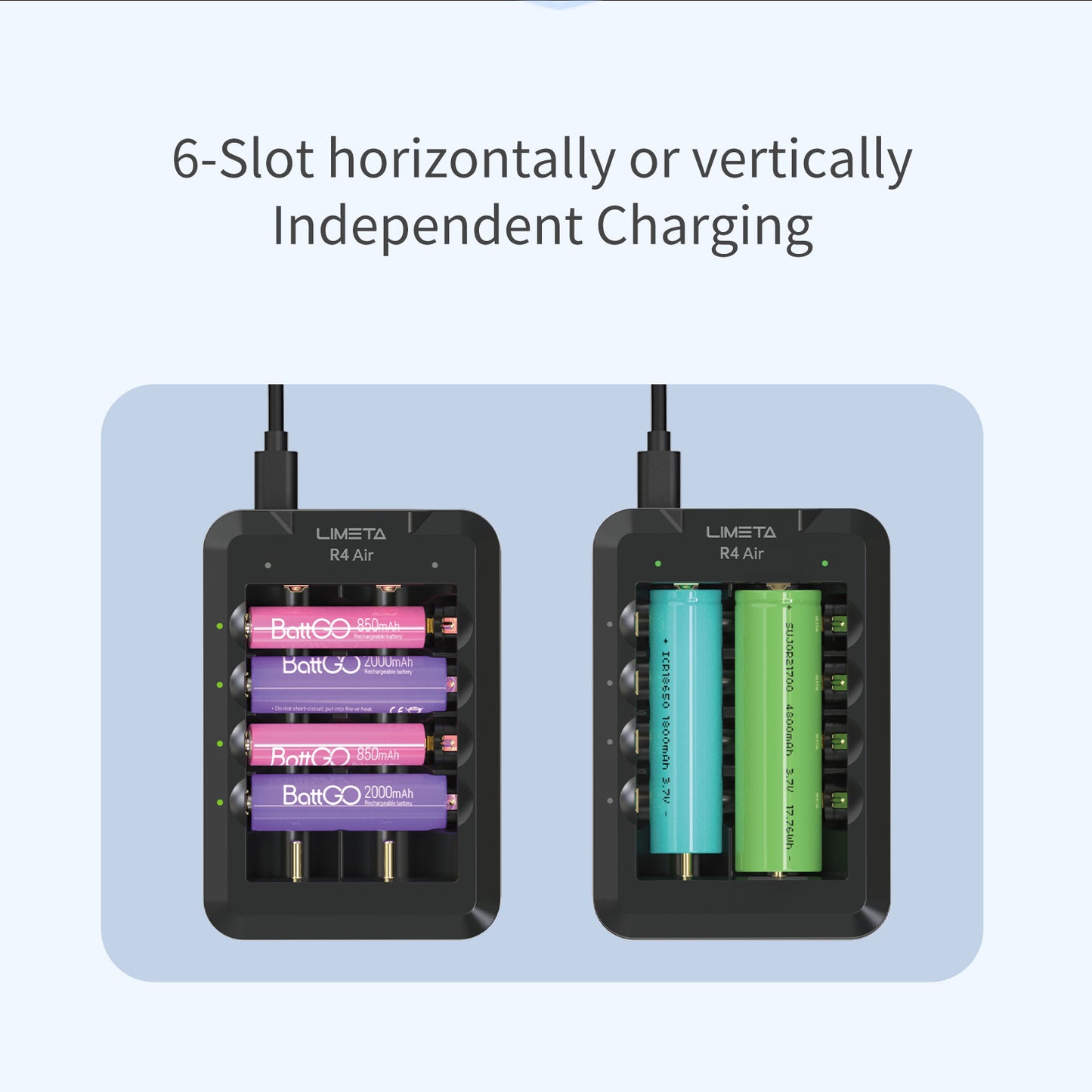 LIMETA R4 AIR Universal Smart Battery Charger - USB Type-C QC3.0 Output - Fast Charging for AA AAA Li-ion 18650 Rechargeable Batteries - APP Connectivity - Fire Prevention Material