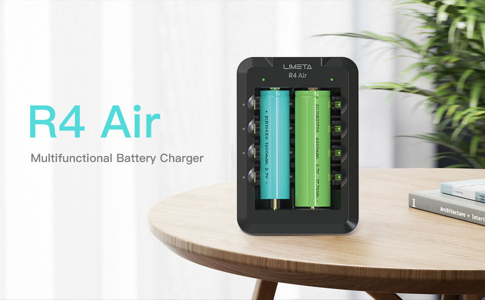 LIMETA R4 AIR Universal Smart Battery Charger - USB Type-C QC3.0 Output - Fast Charging for AA AAA Li-ion 18650 Rechargeable Batteries - APP Connectivity - Fire Prevention Material