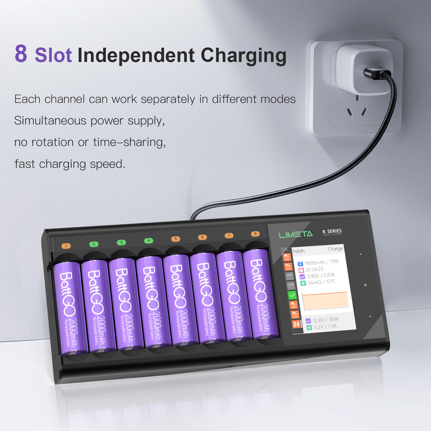 LIMETA AA AAA Universal Battery Charger 8-Slot,Speedy Smart Fast Charging Function with LCD Display,Type-C QC3.0 Output,Rechargeable Battery Charger for AA AAA Li-lon LiHv Ni-MH Ni-Cd LiFePO4