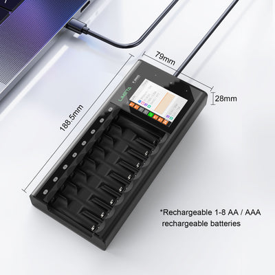 LIMETA AA AAA Universal Battery Charger 8-Slot,Speedy Smart Fast Charging Function with LCD Display,Type-C QC3.0 Output,Rechargeable Battery Charger for AA AAA Li-lon LiHv Ni-MH Ni-Cd LiFePO4