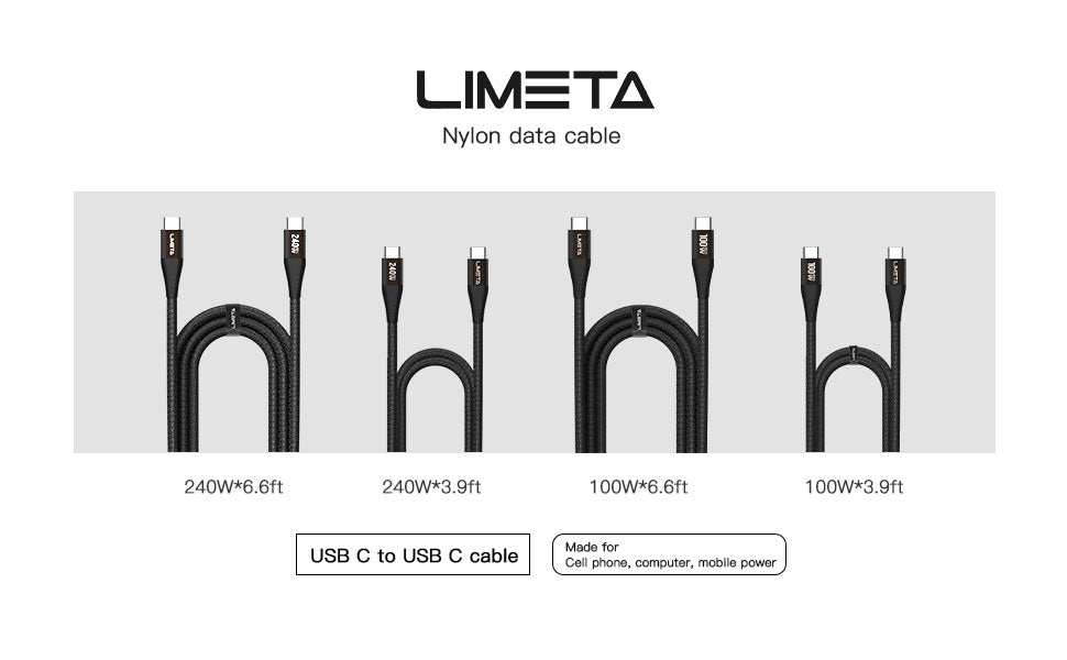 LIMETA 100W USB C to C Cable - Fast Charging & Data Transfer for MacBook, iPad Pro, Galaxy S21, Pixel, Nintendo Switch - Nylon Braided - PD 3.0 & Type C Compatible (3.9ft/6.6ft)