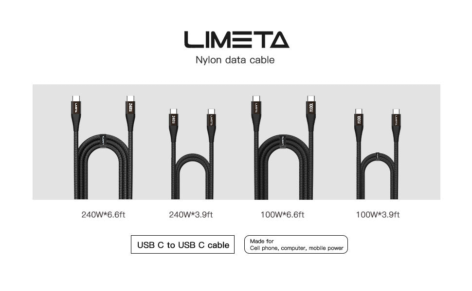 LIMETA 240W USB C to C Cable - Fast Charging & Data Transfer for MacBook, iPad Pro, Galaxy S21, Pixel, Nintendo Switch - Nylon Braided - PD 3.1 & Type C Compatible - (3.9ft/6.6ft)