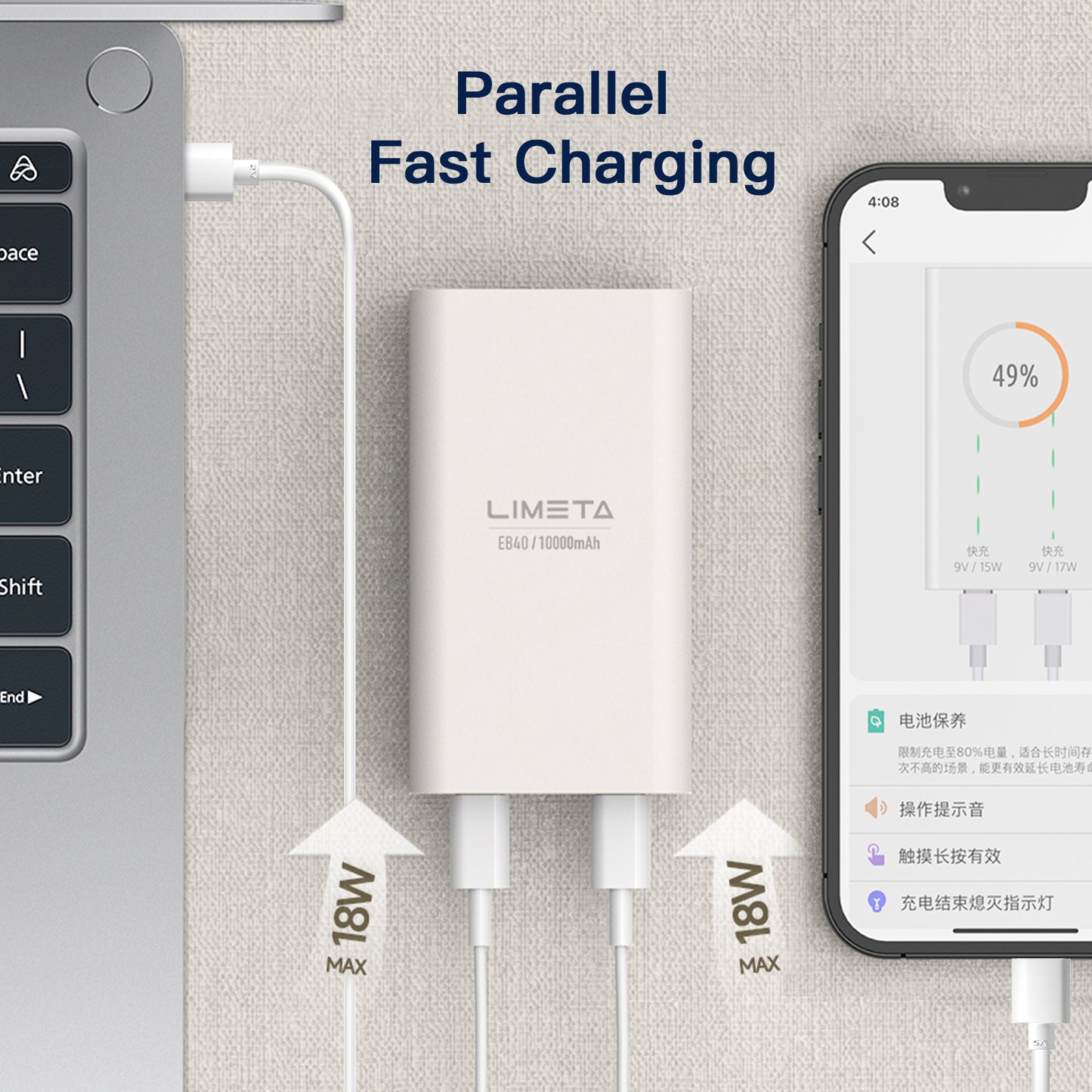 LIMETA Portable Power Bank,Fast Charging,Dual Independent Slim Phone Battery Charger,10000mAh 36W Max 2-Port USB Type-C Input Charger Adapter,Compatible with Multiple Devices iPhone and iPad